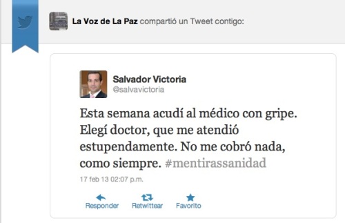 Tuit publicado por @salvavictoriael 17/02/13 a las 14:07, bajo el hashtag #mentirassanidad , pocos minutos después del fin de la Marea Blanca Nacional, 